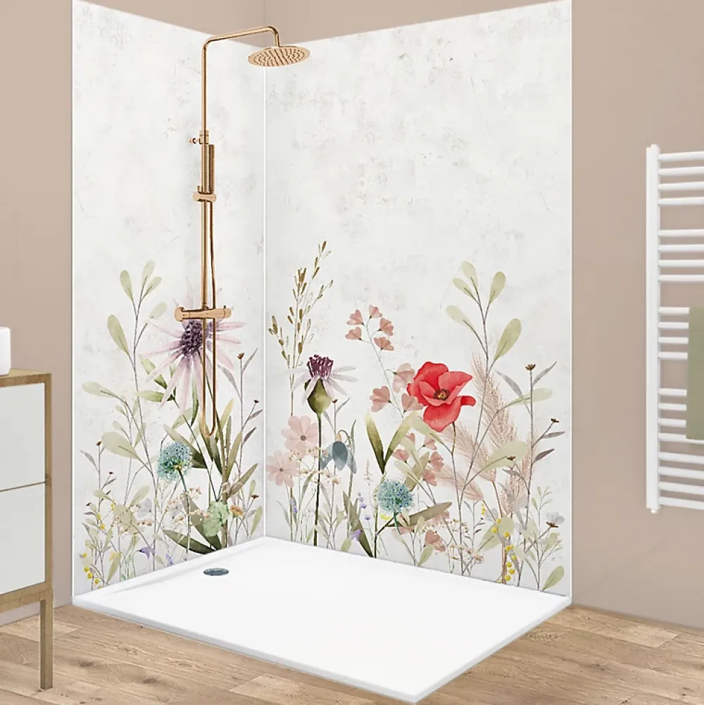 Panneau Mural De Salle De Bains|99Deco Lot de 2 panneaux de douche en aluminium (90x220 & 120x220 cm) + profilés blanc - Herbier - Multicouleurs