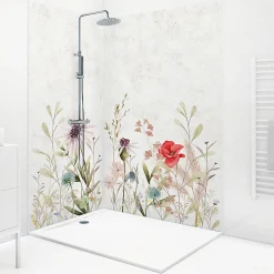Panneau Mural De Salle De Bains|99Deco Lot de 2 panneaux de douche en aluminium (90x220 & 120x220 cm) + profilés blanc - Herbier - Multicouleurs