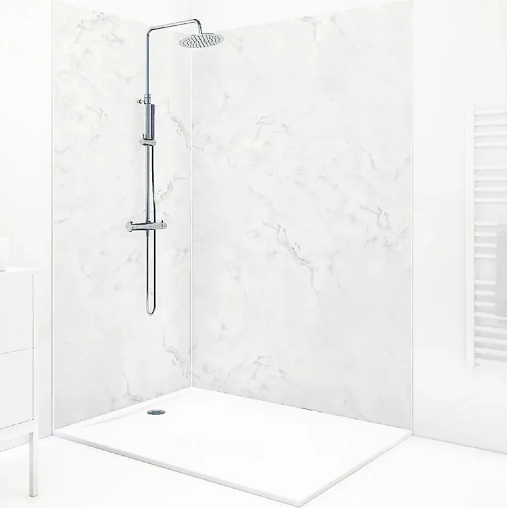 Panneau Mural De Salle De Bains|99Deco Lot de 2 panneaux de douche en PVC (90x220 & 120x220 cm) + profilés blanc - Effet Marbre clair