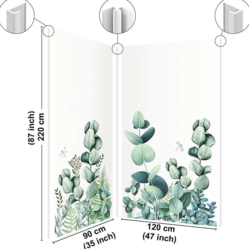 99Deco Lot de 2 panneaux de douche en aluminium (90x220 & 120x220 cm) + profilés blanc - Motif végétal - Vert et Blanc - Quiétude