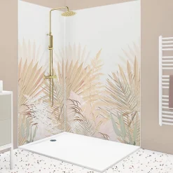 Panneau Mural De Salle De Bains|99Deco Lot de 2 panneaux de douche en aluminium (90x220 & 120x220 cm) + profilés blanc - Motif végétal - Beige - Gaïa
