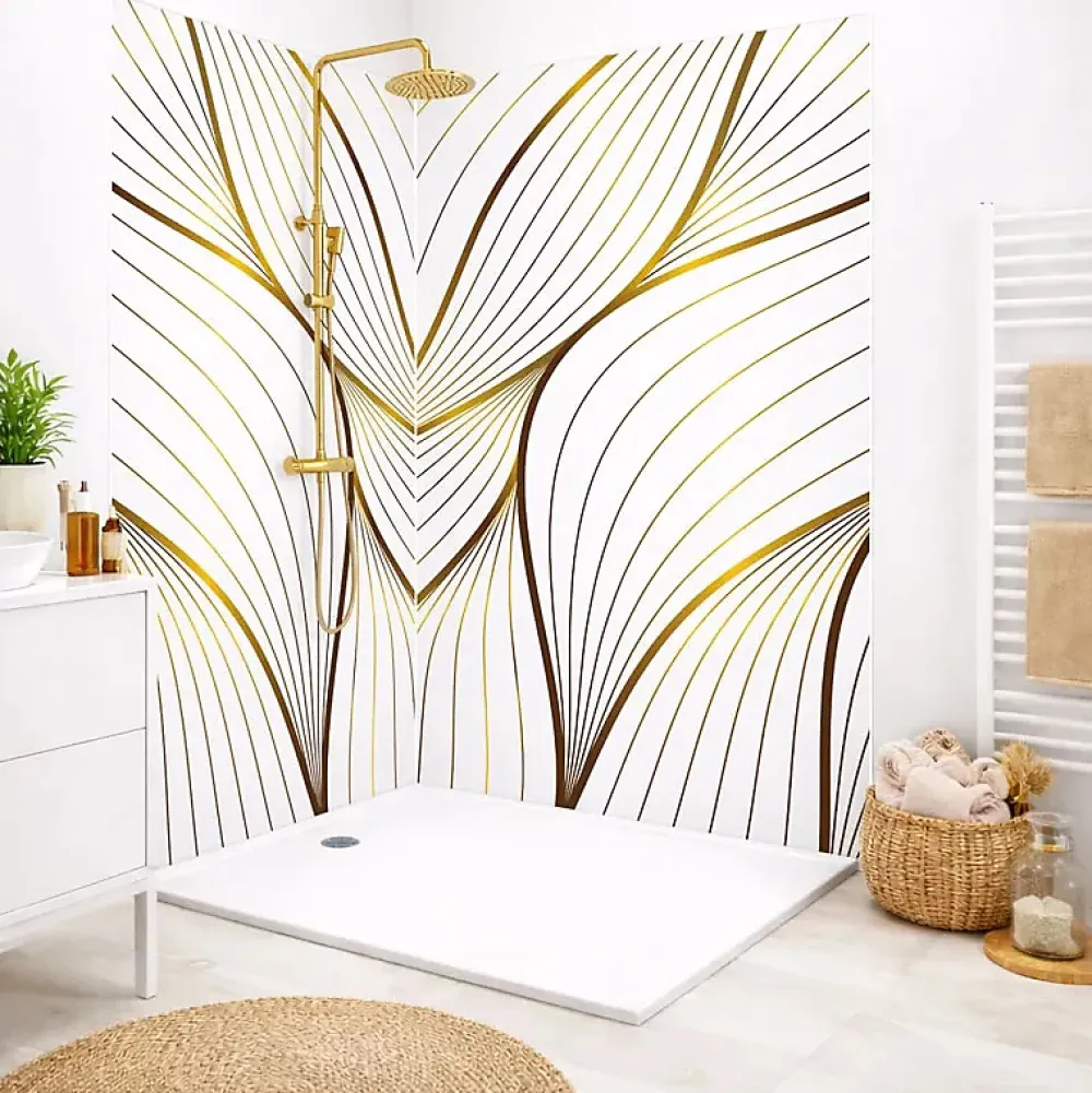 Panneau Mural De Salle De Bains|99Deco Lot de 2 panneaux de douche en aluminium (90x220 & 120x220 cm) + profilés blanc - Sotma - Blanc et doré