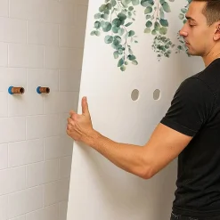 Panneau Mural De Salle De Bains|99Deco Lot de 2 panneaux de douche en aluminium (90x220 & 120x220 cm) + profilés blanc - Eucalyptus in Rain - Multicolore
