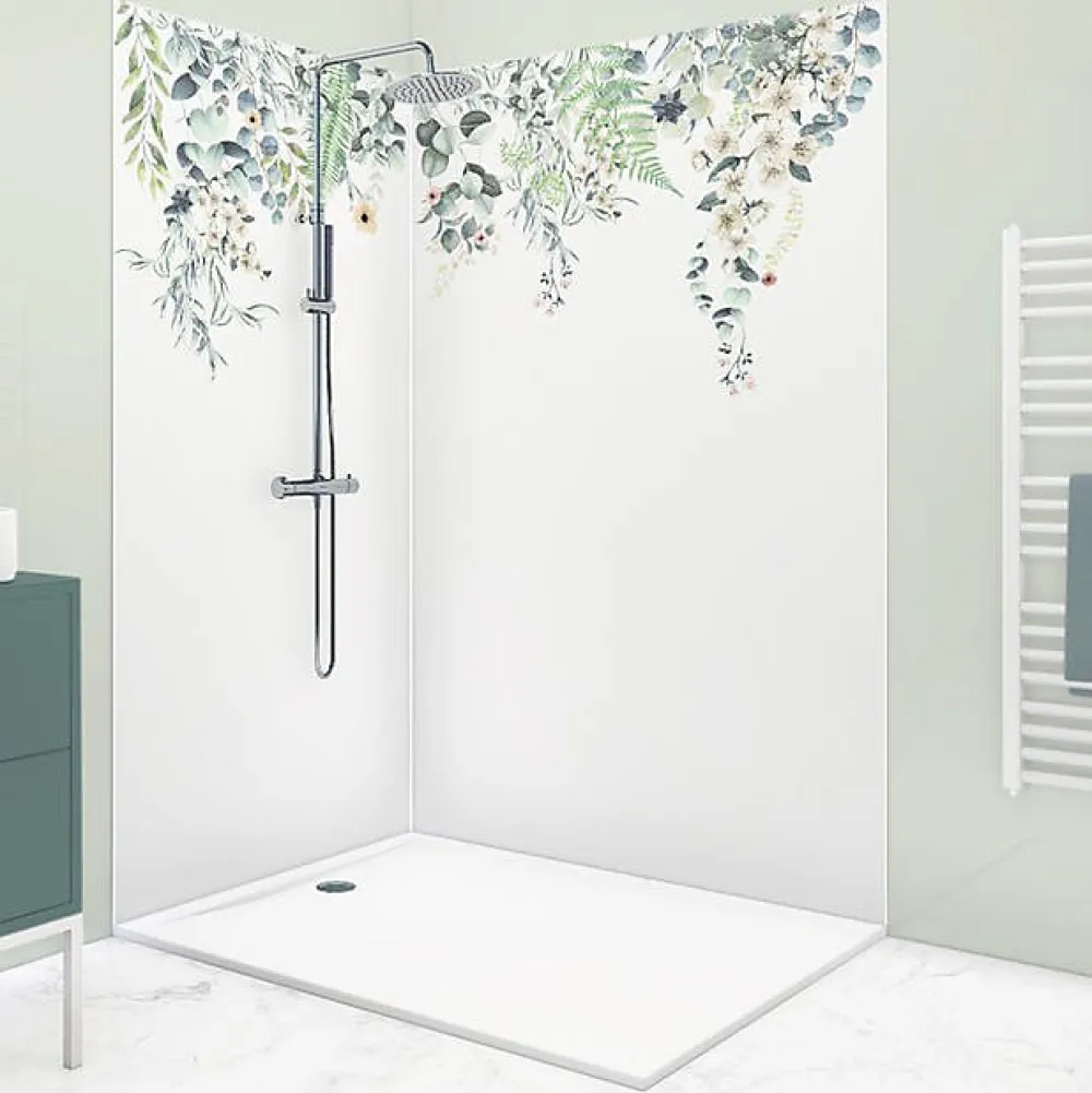 Panneau Mural De Salle De Bains|99Deco Lot de 2 panneaux de douche en aluminium (90x220 & 120x220 cm) + profilés blanc - Flowers in Rain - Multicolore