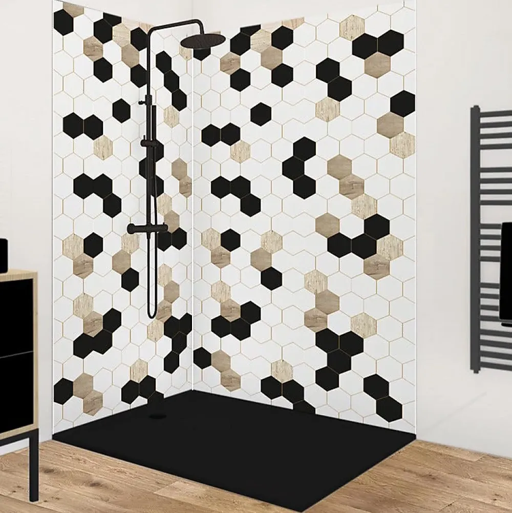 Panneau Mural De Salle De Bains|99Deco Lot de 2 panneaux de douche en aluminium (90x220 & 120x220 cm) + profilés blanc - Mix Hexa - Multicolore