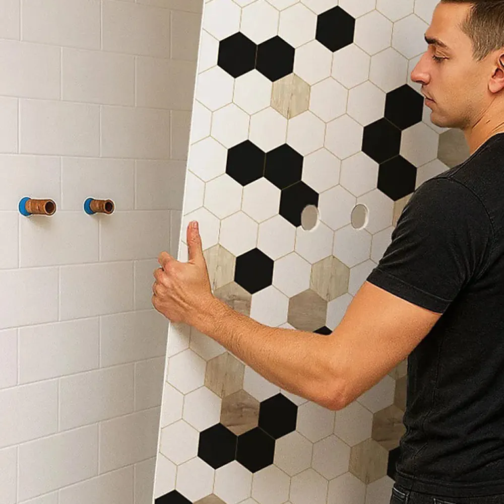 Panneau Mural De Salle De Bains|99Deco Lot de 2 panneaux de douche en aluminium (90x220 & 120x220 cm) + profilés blanc - Mix Hexa - Multicolore