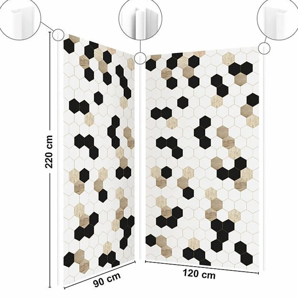 Panneau Mural De Salle De Bains|99Deco Lot de 2 panneaux de douche en aluminium (90x220 & 120x220 cm) + profilés blanc - Mix Hexa - Multicolore