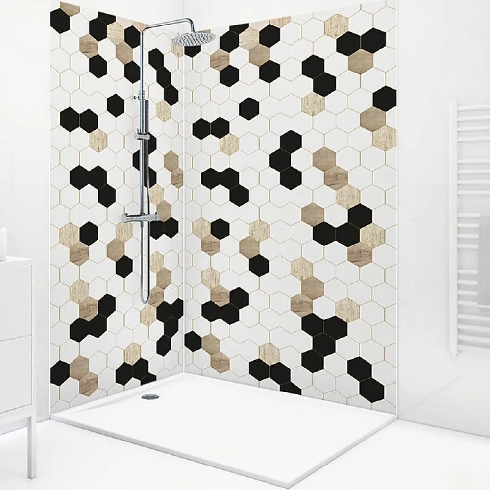 Panneau Mural De Salle De Bains|99Deco Lot de 2 panneaux de douche en aluminium (90x220 & 120x220 cm) + profilés blanc - Mix Hexa - Multicolore