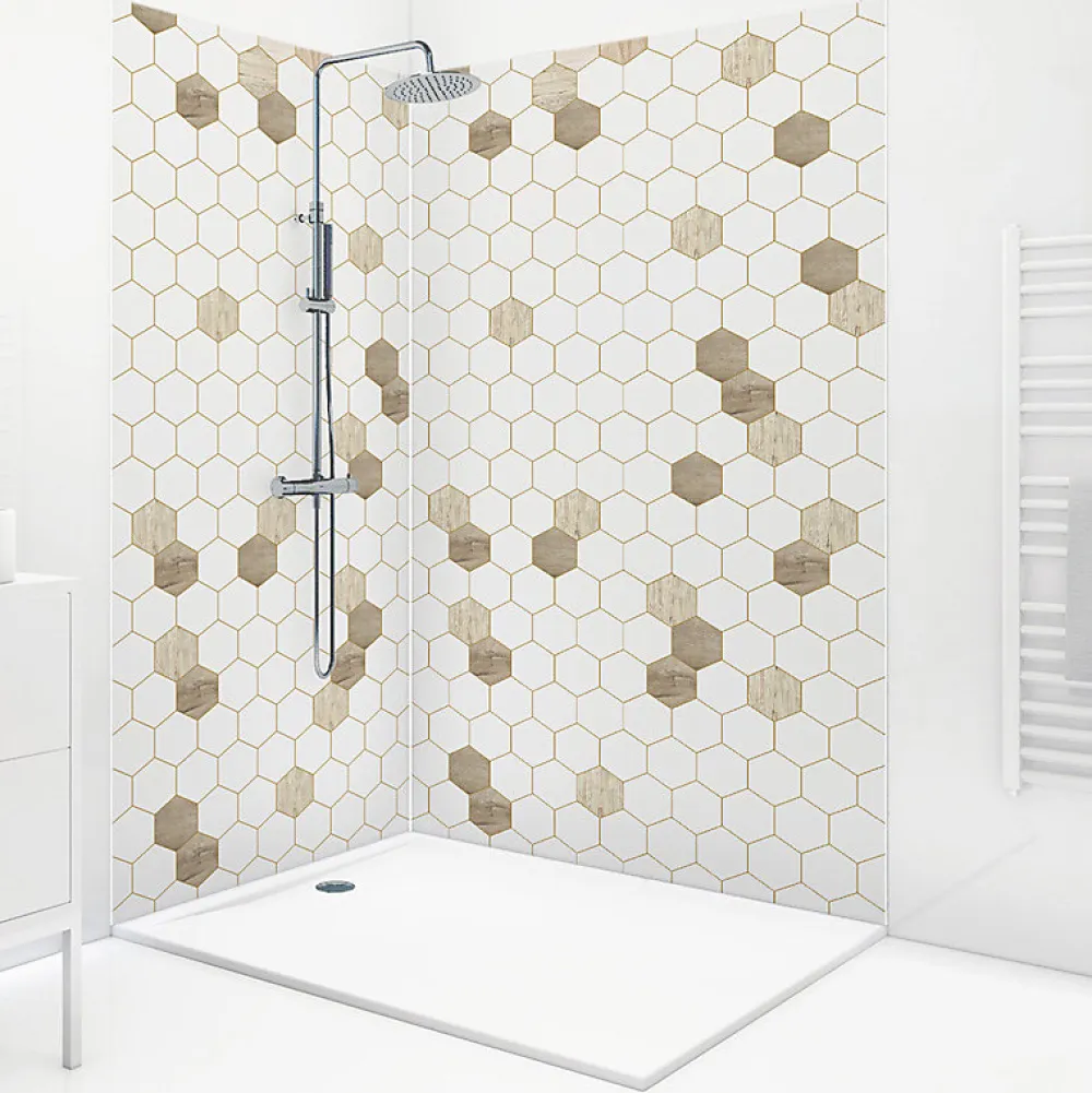 Panneau Mural De Salle De Bains|99Deco Lot de 2 panneaux de douche en PVC (90x220 & 120x220 cm) + profilés blanc - Charme - Hexa Bois - Marron