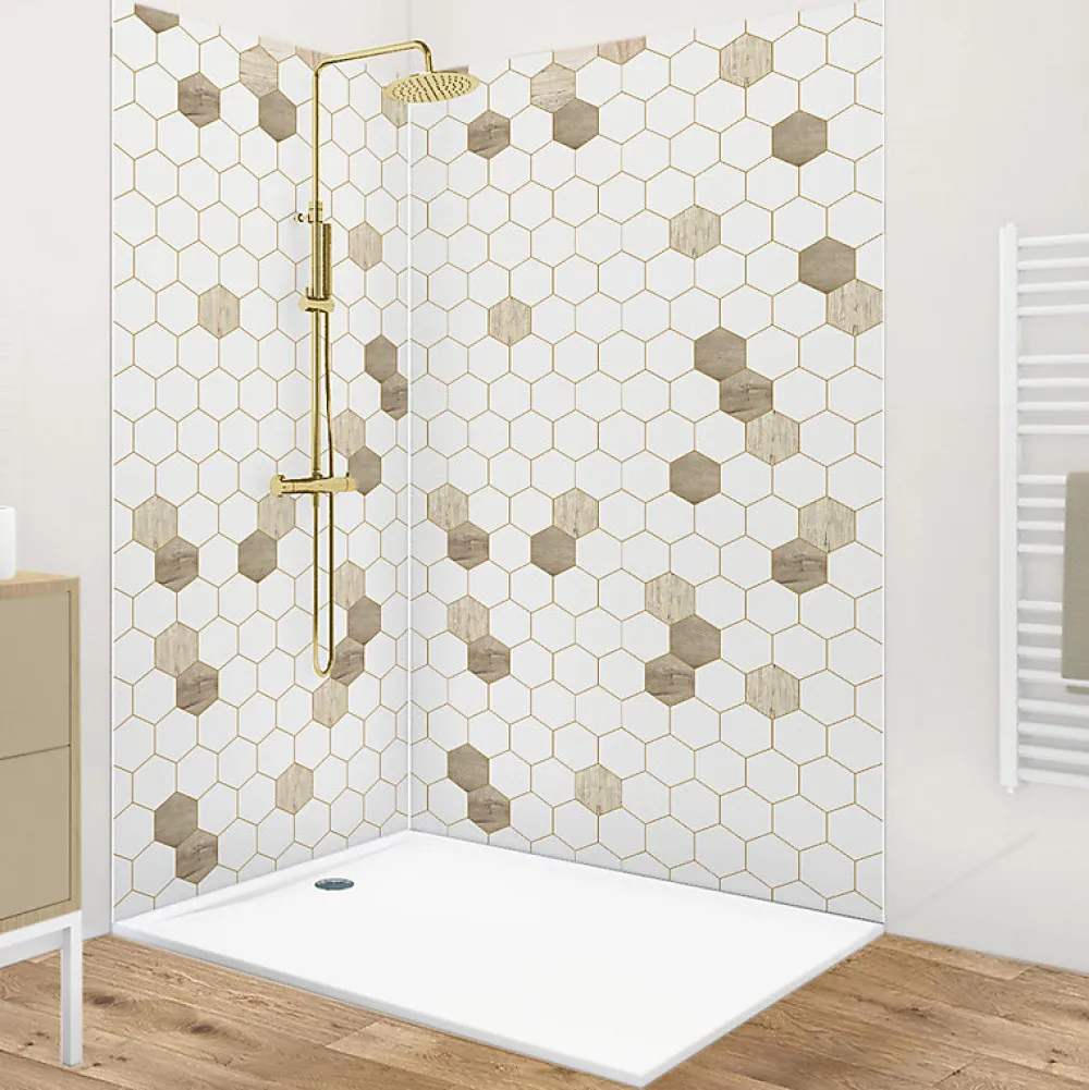 99Deco Lot de 2 panneaux de douche en aluminium (90x220 & 120x220 cm) + profilés blanc - Hexa Bois - Marron