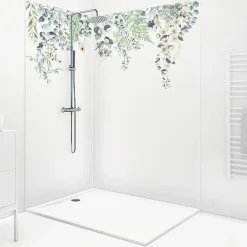 99Deco Lot de 2 panneaux de douche en PVC (90x220 & 120x220 cm) + profilés blanc - Flowers in Rain - Multicolore