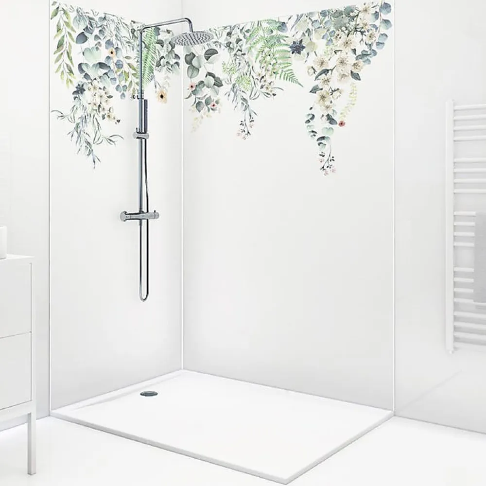 99Deco Lot de 2 panneaux de douche en PVC (90x220 & 120x220 cm) + profilés blanc - Flowers in Rain - Multicolore