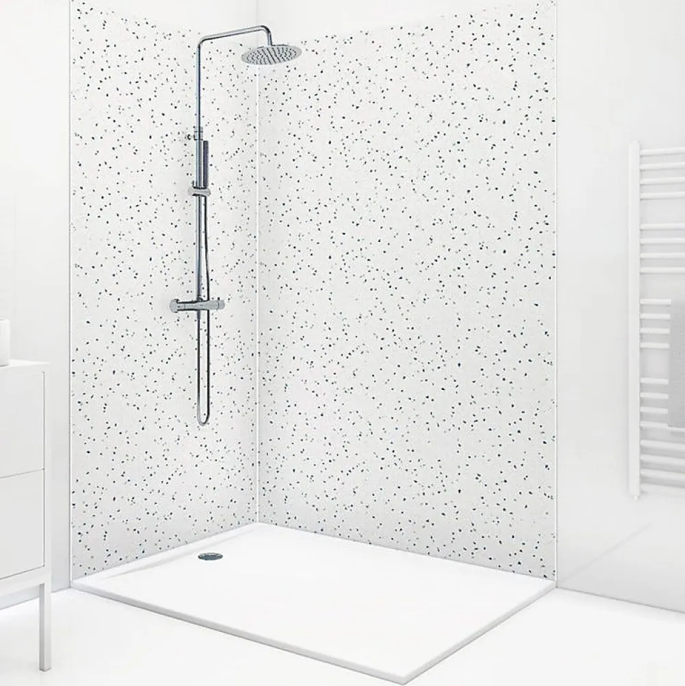 99Deco Lot de 2 panneaux de douche en aluminium (90x220 & 120x220 cm) + profilés blanc - Terrazzo Mineral - Multicolore