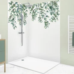 Panneau Mural De Salle De Bains|99Deco Lot de 2 panneaux de douche en PVC (90x220 & 120x220 cm) + profilés blanc - Eucalyptus in Rain - Multicolore