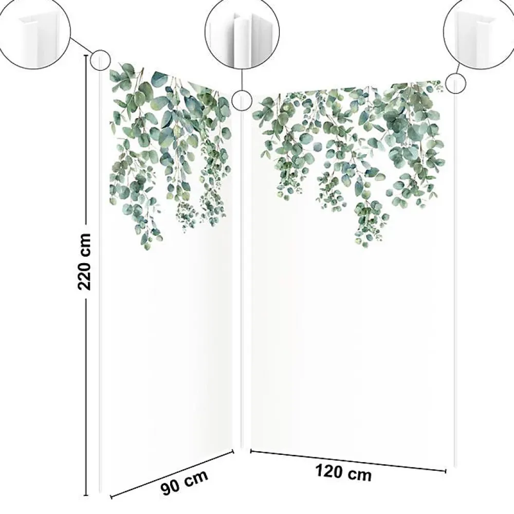 Panneau Mural De Salle De Bains|99Deco Lot de 2 panneaux de douche en PVC (90x220 & 120x220 cm) + profilés blanc - Eucalyptus in Rain - Multicolore