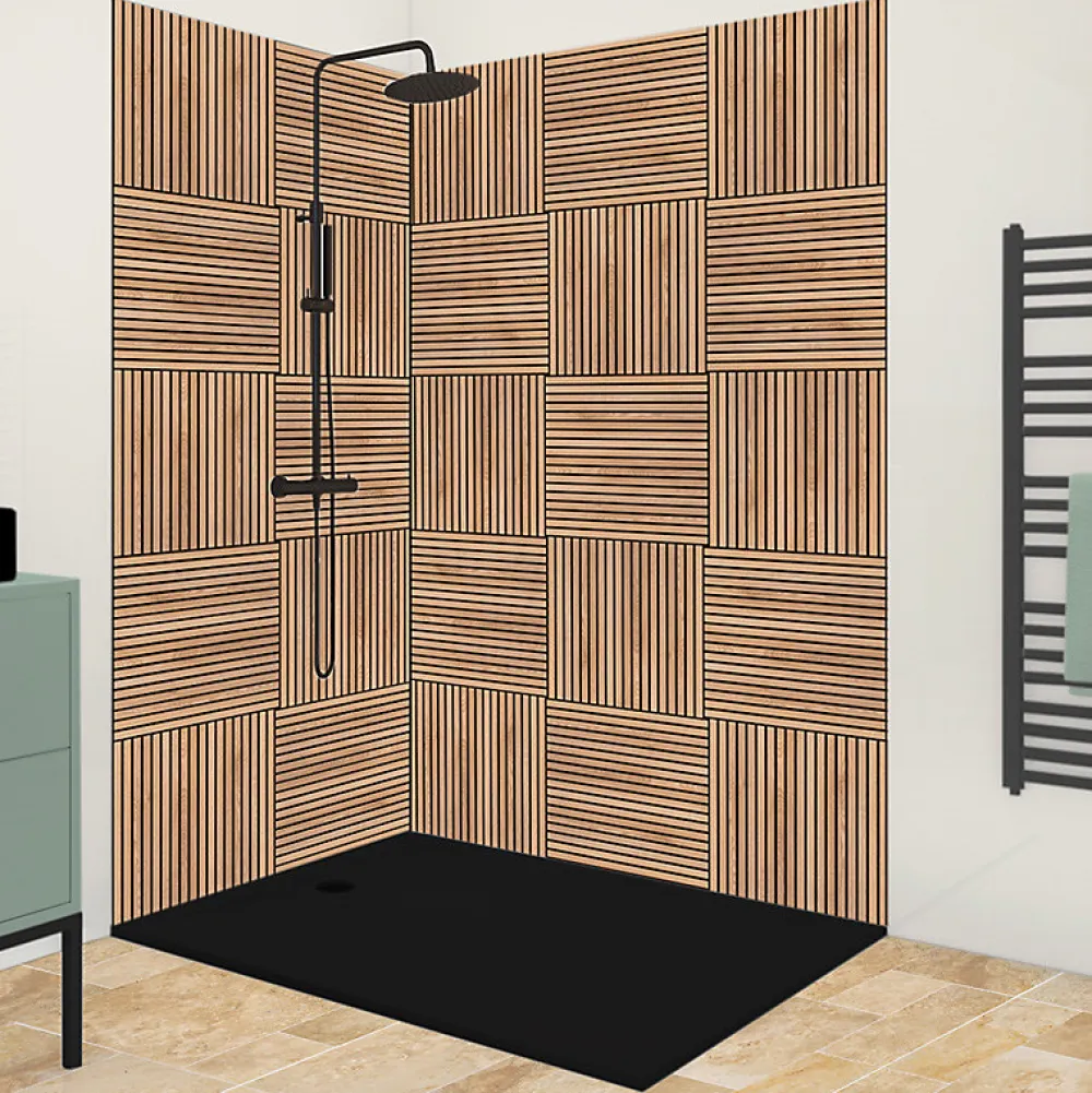 Panneau Mural De Salle De Bains|99Deco Lot de 2 panneaux de douche en aluminium (90x220 & 120x220 cm) + profilés noir - Wabi Sabi - Marron et nor