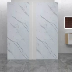 AICA Sanitaire Lot de 2 panneaux muraux de douche effet blanc marbre mural aluminium avec 1 profile - L.90 x L.90 x H.210 cm - facile à nettoyer