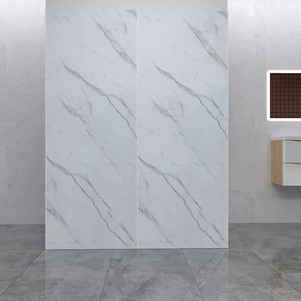 AICA Sanitaire Lot de 2 panneaux muraux de douche effet blanc marbre mural aluminium avec 1 profile - L.90 x L.90 x H.210 cm - facile à nettoyer