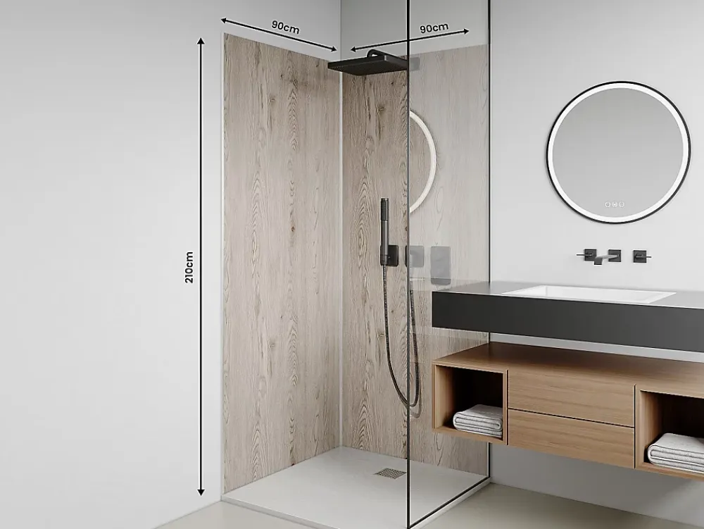 Panneau Mural De Salle De Bains|Vente-unique Lot de 2 panneaux muraux de douche effet bois clair en aluminium avec profilés - 2 x L90 x H210 cm- ENEKO