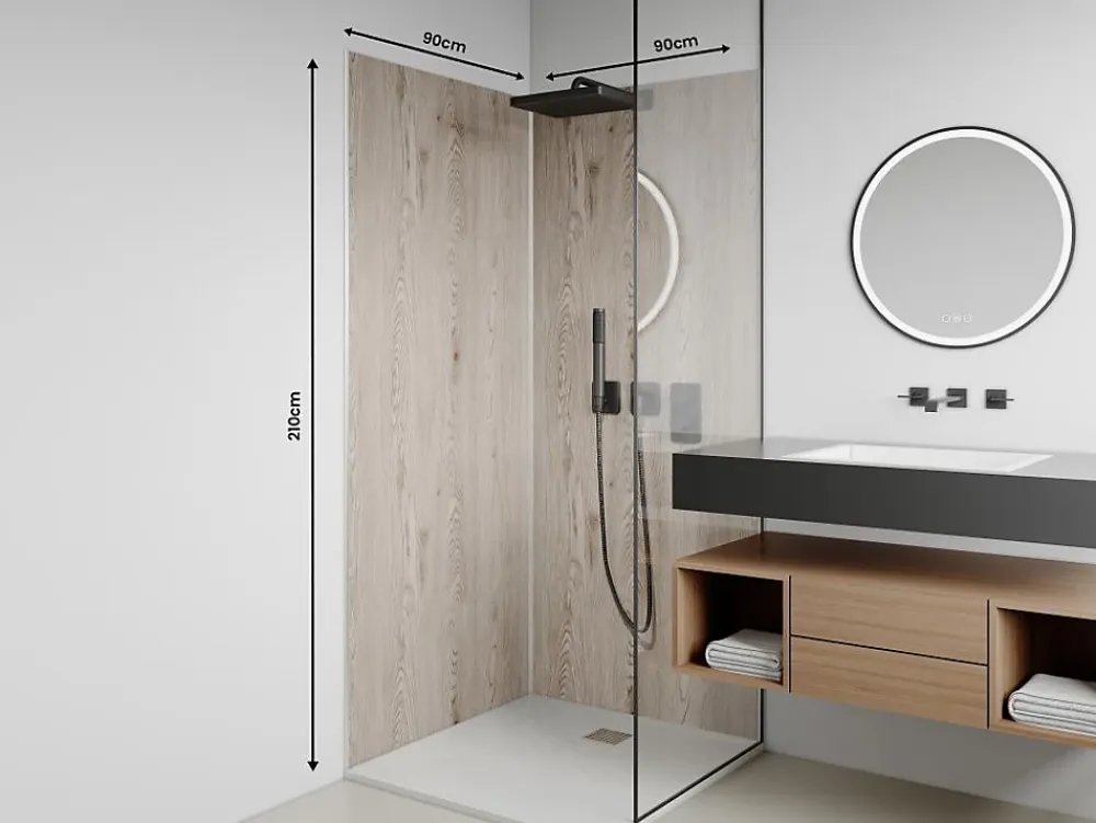 Panneau Mural De Salle De Bains|Vente-unique Lot de 2 panneaux muraux de douche effet bois clair en aluminium avec profilés - 2 x L90 x H210 cm- ENEKO