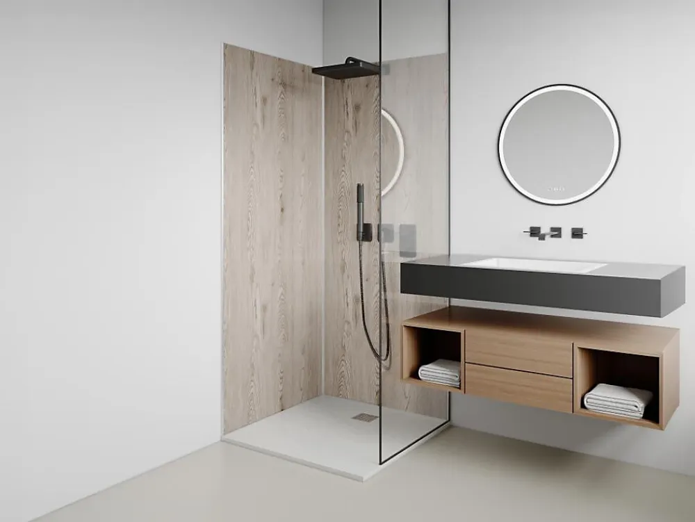 Panneau Mural De Salle De Bains|Vente-unique Lot de 2 panneaux muraux de douche effet bois clair en aluminium avec profilés - 2 x L90 x H210 cm- ENEKO