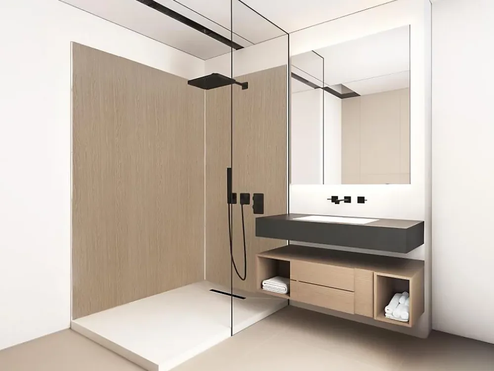 Vente-unique Lot de 2 panneaux muraux de douche effet bois en aluminium avec profilés - L90 x L120 x H210 cm - ENEKO