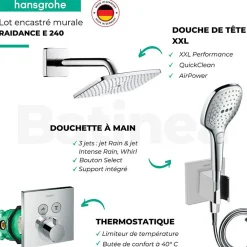 Hansgrohe Lot robinet douche encastré thermostatique + Douche de tête Raindance E 240 fixation murale