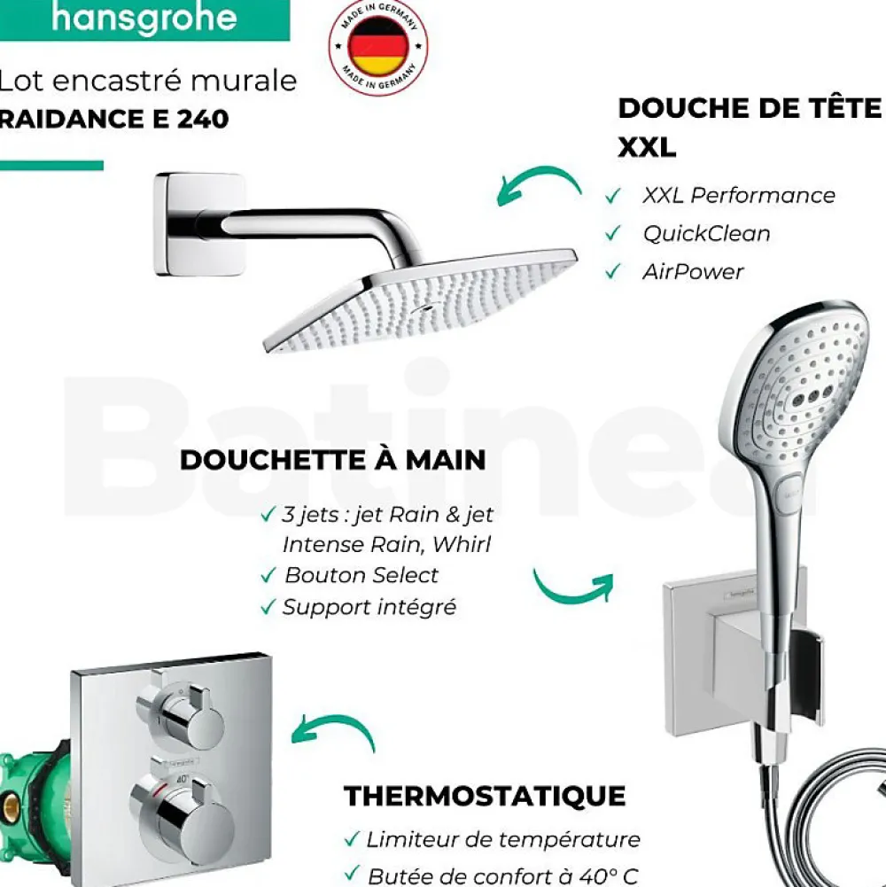 Hansgrohe Lot robinet douche encastré thermostatique Ecostat Square + Douche de tête Raindance E 240