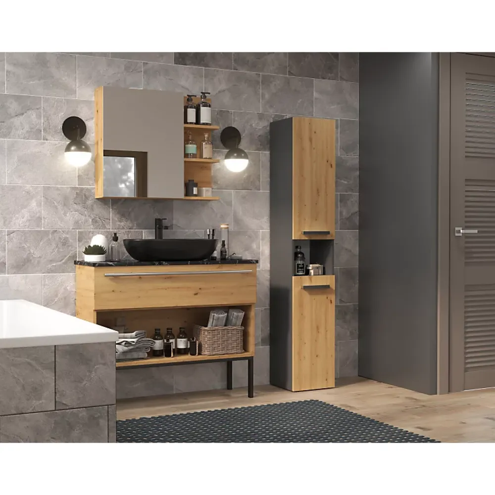 Meuble De Salle De Bains Faible Profondeur|Colonne De Salle De Bains|Topeshop LUANA - Meuble salle de bain 2 portes - 31x30x174 cm - Colonne rangement SDB