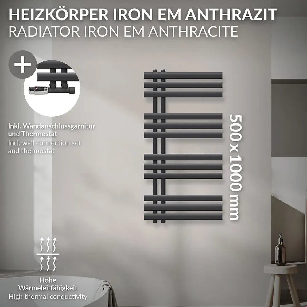 Sèche-Serviettes Mixte|Luxebath Radiateur de Salle de Bain Iron EM 500x1000 mm Anthracite Raccord Central