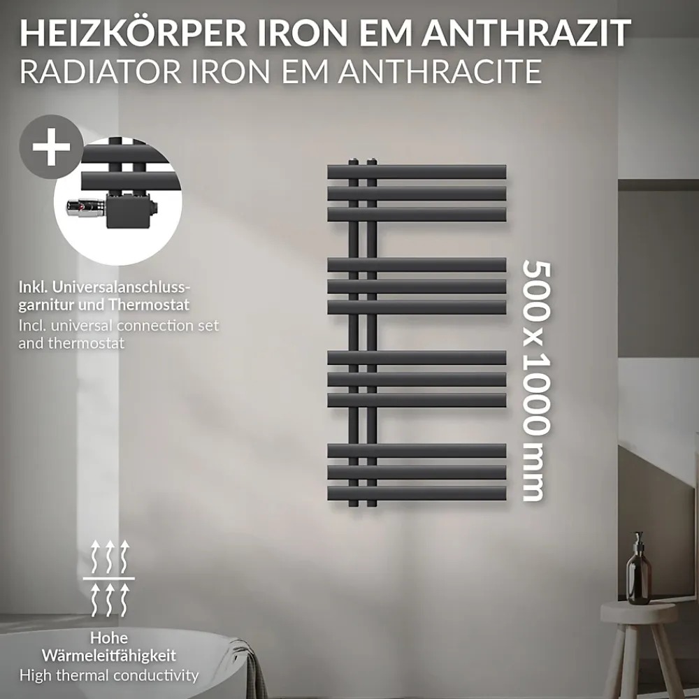 Luxebath Radiateur Design Iron EM 500x1000 mm Anthracite Raccord Central au Bas