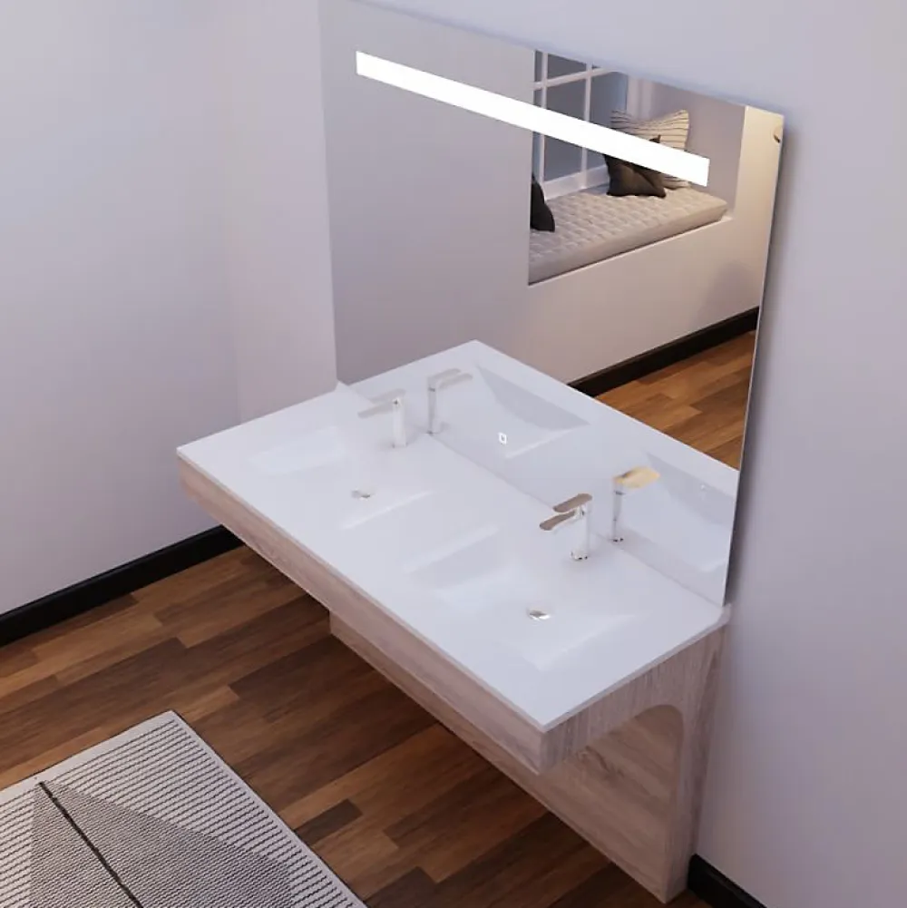 Ensemble Meuble De Salle De Bains|Cuisibane Meuble ALTEA 140 cm avec plan double vasque et miroir led Elégance - Cambrian oak