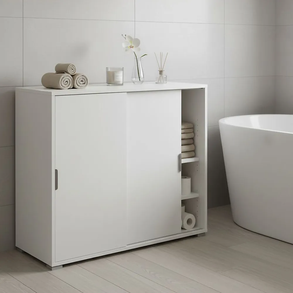 Armoire De Salle De Bains|The White Stone Meuble Bas 2 Portes Coulissantes Blanc
