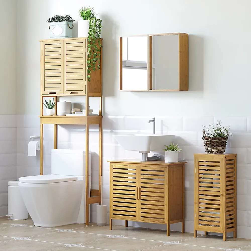 Armoire De Salle De Bains|kleankin Meuble bas de salle de bain une porte - étagère réglable - bois de bambou verni