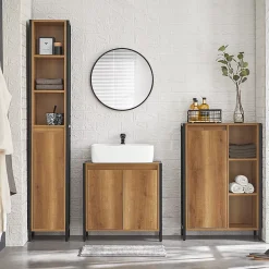 Sobuy Meuble Bas de Salle de Bain avec 3 Compartiments et 1 Panier à Linge, BZR65-PF,