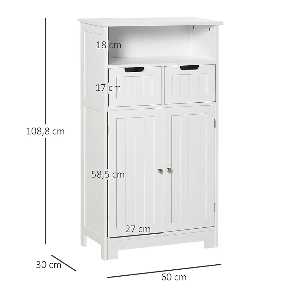 kleankin Meuble bas de salle de bain multi-rangements grande niche 2 tiroirs placard double porte avec étagère MDF blanc