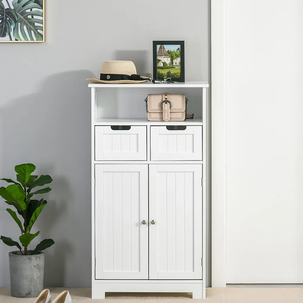 kleankin Meuble bas de salle de bain multi-rangements grande niche 2 tiroirs placard double porte avec étagère MDF blanc