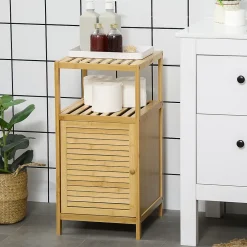 kleankin Meuble bas salle de bain rangement salle de bain 1 porte 2 étagères bois bambou verni