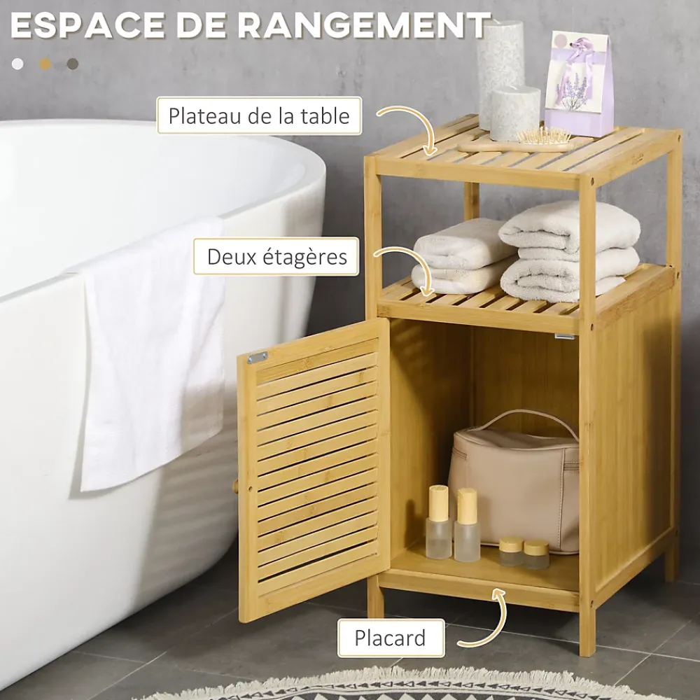 kleankin Meuble bas salle de bain rangement salle de bain 1 porte 2 étagères bois bambou verni