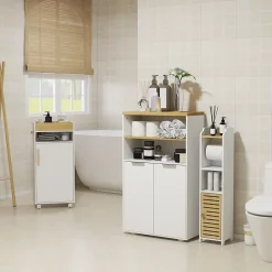 Armoire De Salle De Bains|kleankin Meuble bas salle de bain - 2 portes, étagère, 2 niches - dim. 60L x 30l x 102H cm - blanc bois clair