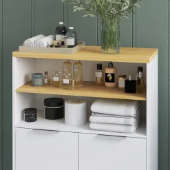 Armoire De Salle De Bains|kleankin Meuble bas salle de bain - 2 portes, étagère, 2 niches - dim. 60L x 30l x 102H cm - blanc bois clair