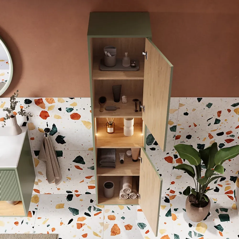 Colonne De Salle De Bains|Bernstein Meuble Colonne Armoire suspendue Vert jade mat MDF 42x170x35cm (LxHxP), Charnières flexibles gauche/droite - BELDIVO