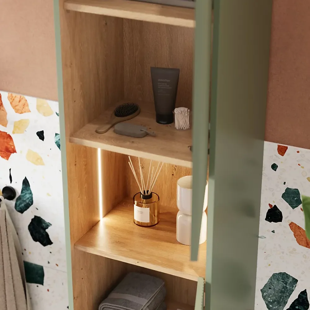 Colonne De Salle De Bains|Bernstein Meuble Colonne Armoire suspendue Vert jade mat MDF 42x170x35cm (LxHxP), Charnières flexibles gauche/droite - BELDIVO