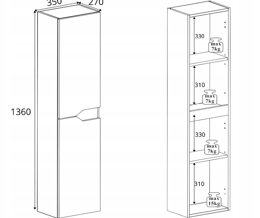 Furnidea Meuble colonne de salle de bain suspendu MODERN blanc 35 x 136 cm