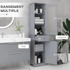 kleankin Meuble colonne de salle de bain placard porte acrylique 2 étagères placard porte 1 étagère tiroir MDF gris