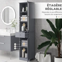kleankin Meuble colonne de salle de bain placard porte acrylique 2 étagères placard porte 1 étagère tiroir MDF gris