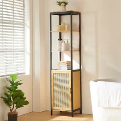 [En.Casa] Meuble colonne de salle de bain Tervola MDF bambou rotin 172 x 40 x 35 cm noir naturel en.casa