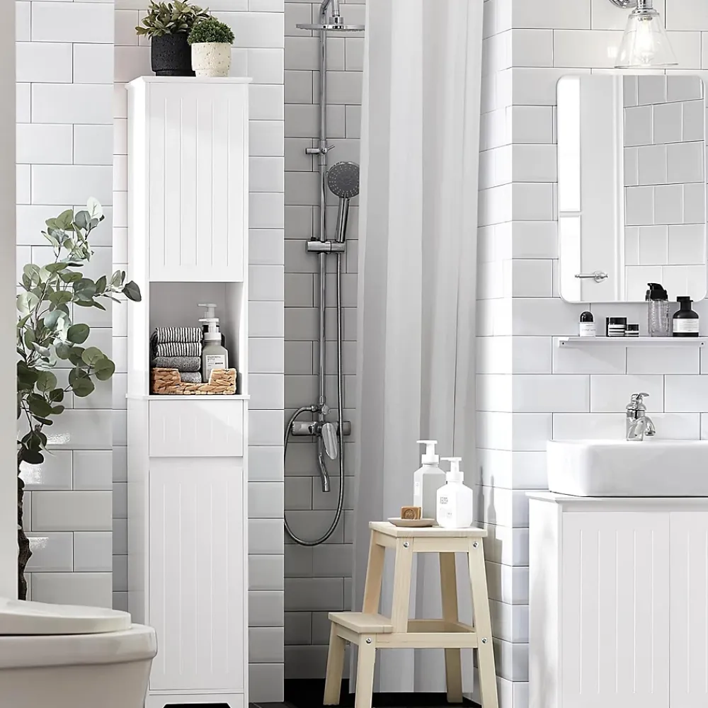 Sobuy Meuble Colonne de Salle de Bain avec 2 Portes et 1 Tiror, BZR109-W,