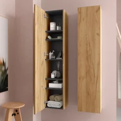 Planète Bain Meuble colonne de salle de bain H 140 cm effet chêne brut à suspendre - KARAIB