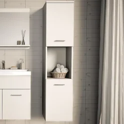 [En.Casa] Meuble colonne de salle de bain suspendu Krildihana 131 x 30 x 30 cm blanc argent en.casa